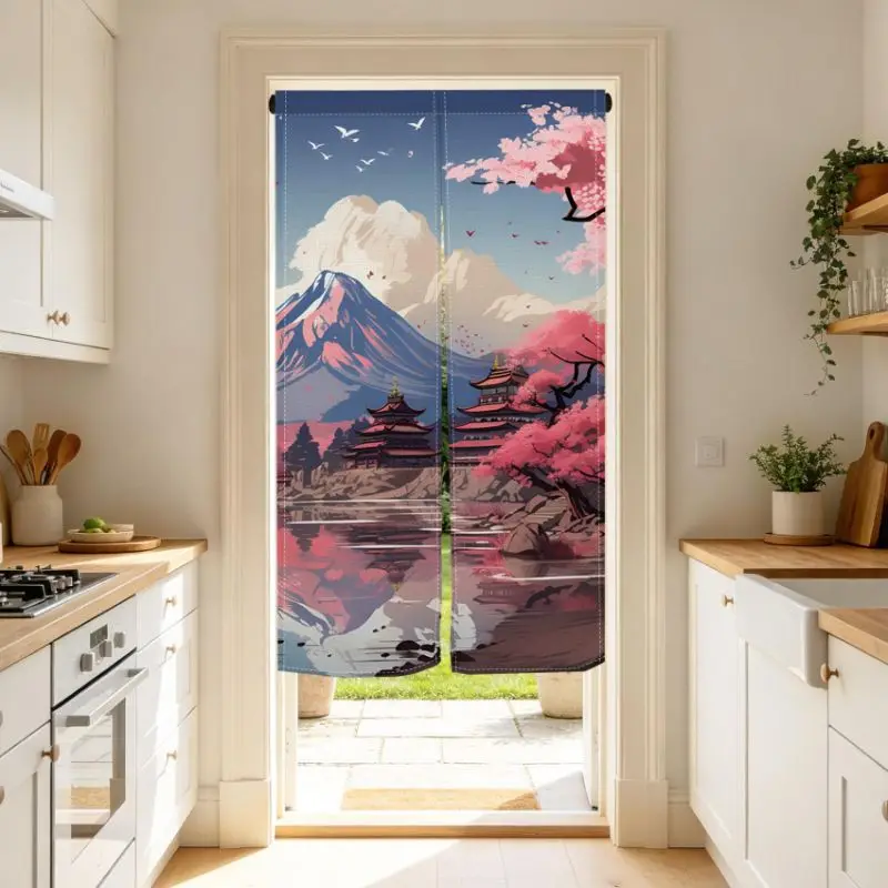VIKAMA Japanese Fuji Cherry Blossom Pagoda Lake Door Curtain Mountain Pink Sakura Five Story Tower Reflection Bird Scenery Linen