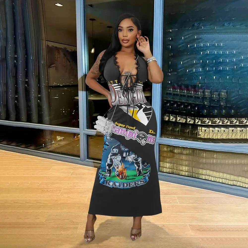 

CY901584 women's sexy V-neck printed lace up dress, fashionable long skirt, slim fit