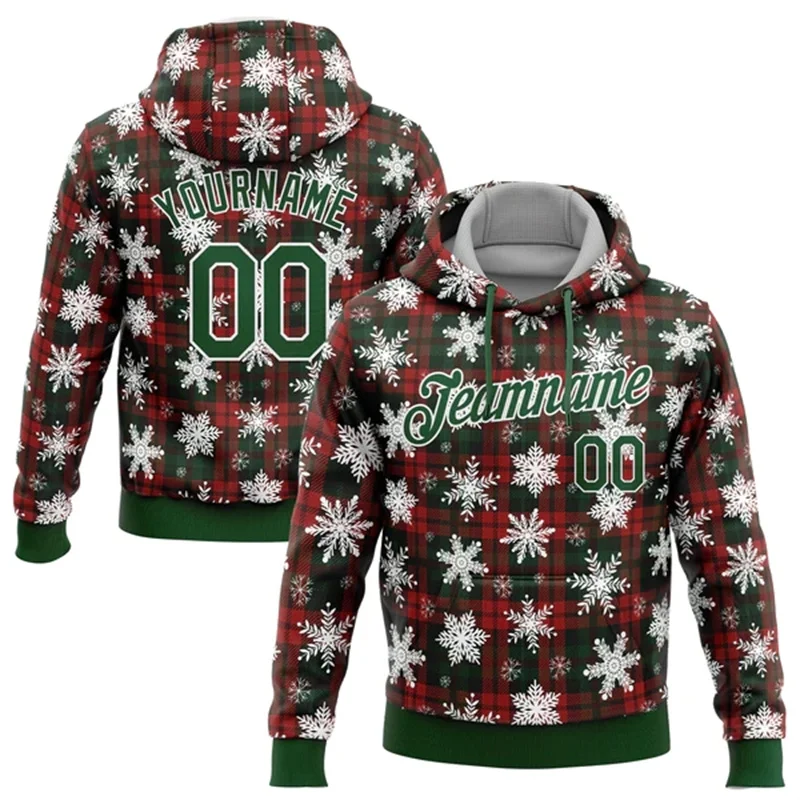 

Custom Red Green-White 3D Christmas Plaid And Snow Sports Pullover Sweatshirt Hoodie Custom Christmas Gift