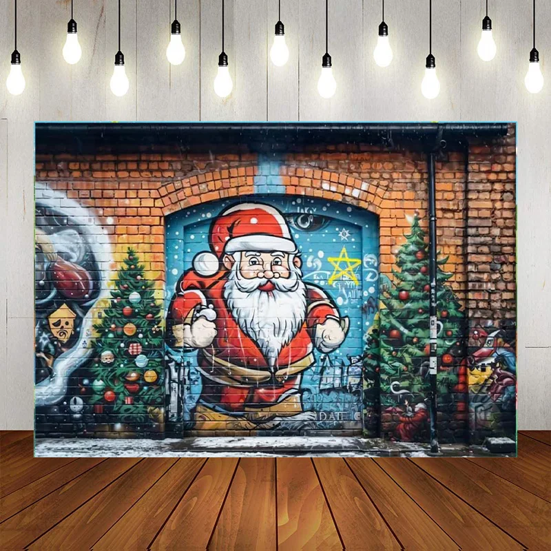 Merry Christmas Backdrops Photography Santa Claus Graffiti Wall Background Winter Snowflake Xmas Tree Gifts Holiday Party Bann