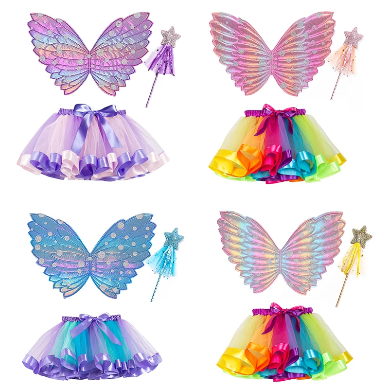 Tutu Skirt Girls +Wings Summer Girls Princess Mini Kids Pettiskirt Party Dance Rainbow Tulle Colorful Skirts Children Clothing