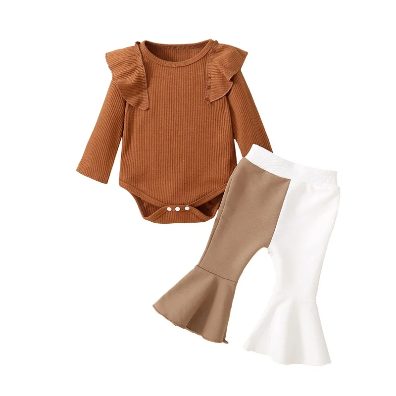 

Baby Girl Fall Outfit Flare Pant Set Long Sleeve Ribbed Romper Contrast Color Bell Bottom Pants Spirng Outfit