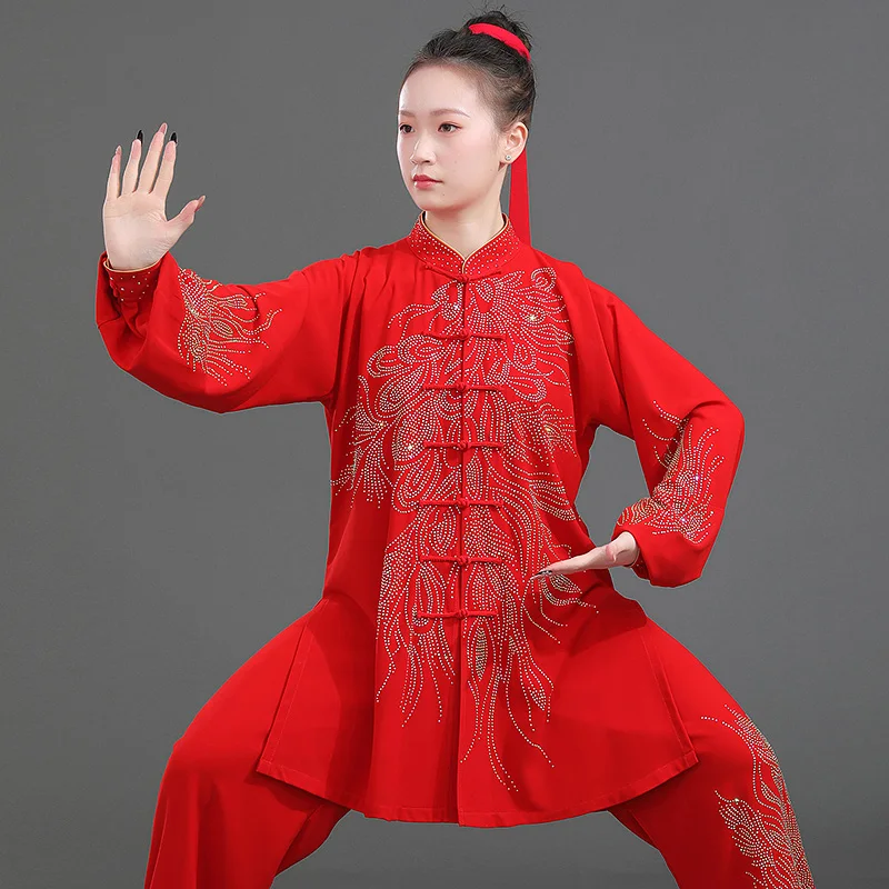 2026 New Women's Premium Tai Chi Suit - Phoenix Tail Heat Transfer Rhinestones Wushu Outfit for Summer Practice, Baduanjin & Per