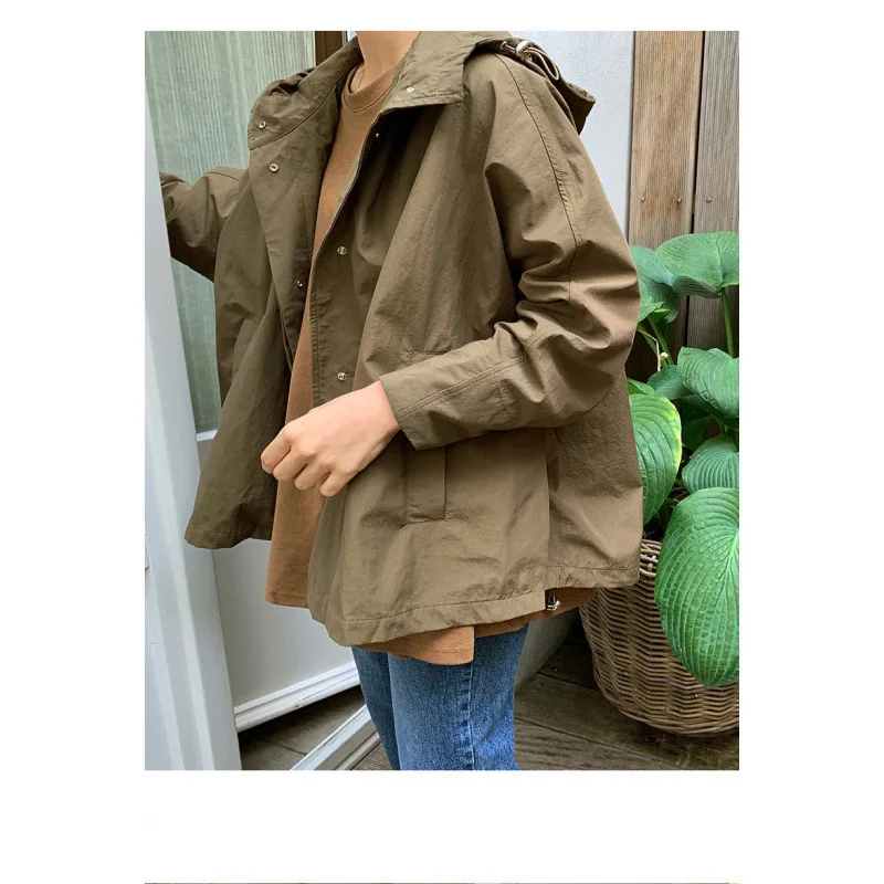 

Trench Coat With Hood Women'S Autumn Tie-In Outdoor Double-Breasted Spring Summer Hi-Fashion Layer Piece Dark Academia Aesthetic
