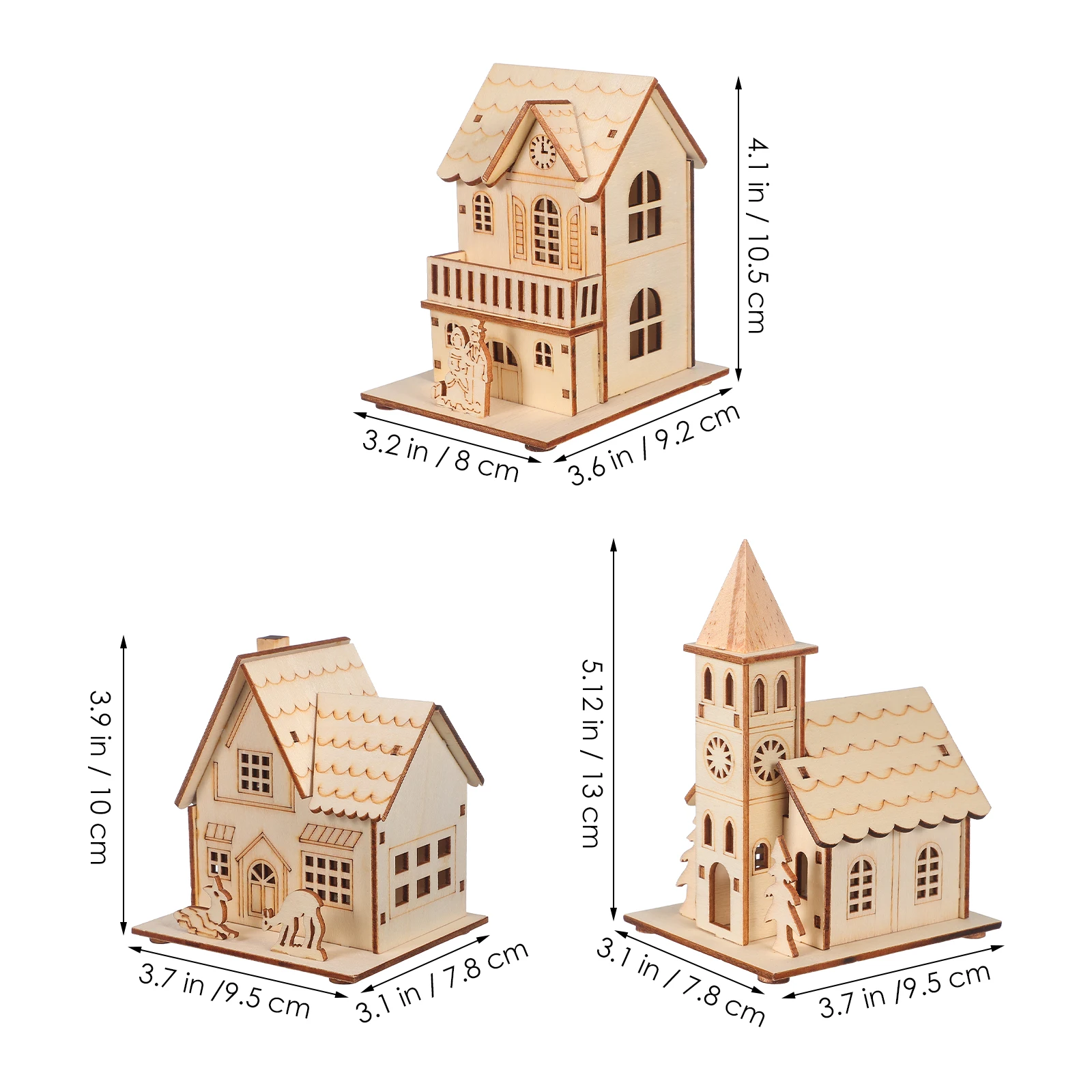 Miniature Wooden Houses for Holiday Decor Luminous Christmas Glowing Decors Scene Small Decoration 3 Pcs Set