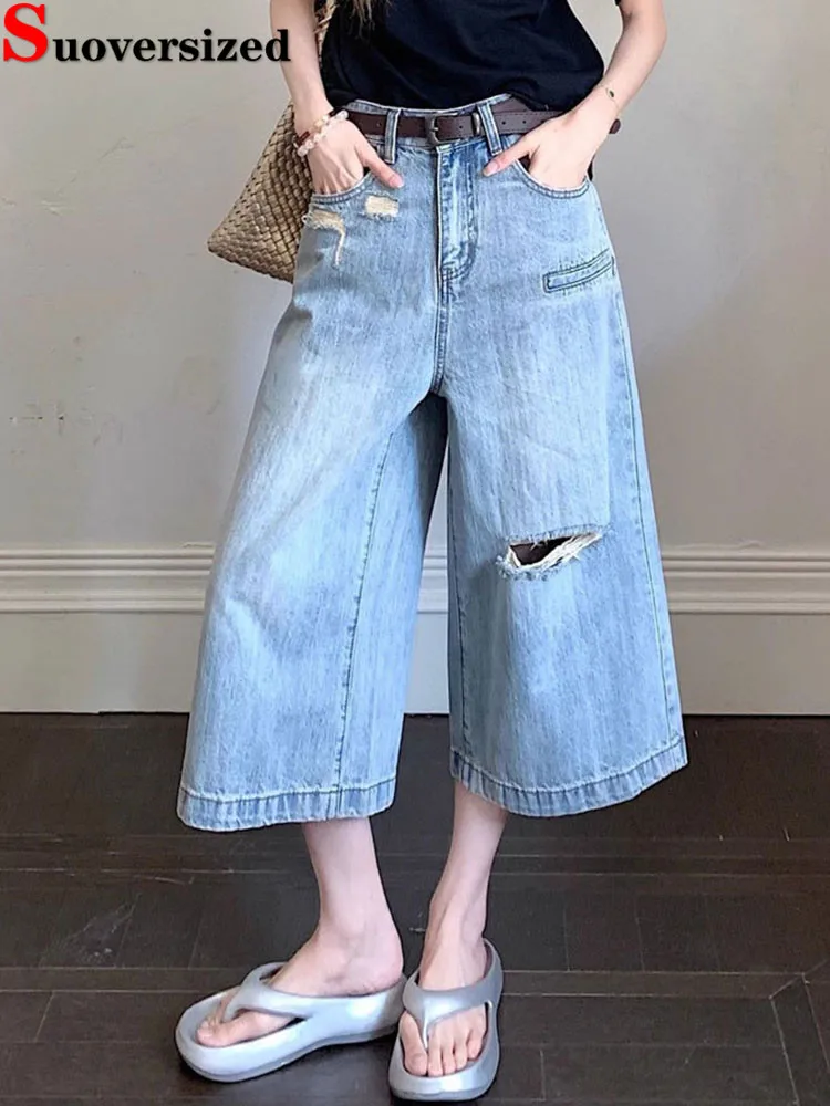 

Hole Design Loose New Straight Jeans Summer Thin Blue Vintage Wide Leg Calf Length Denim Pants Korean Fashion Casual Vaqueros