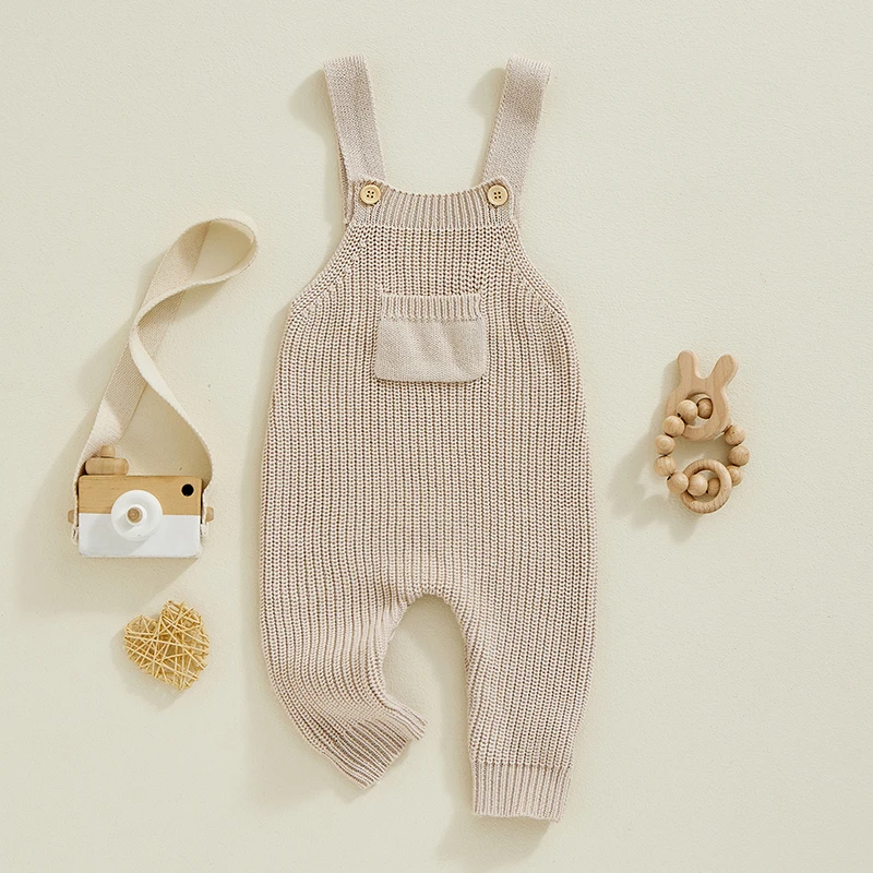 FOCUSNORM 0-3Y Winter Baby Boys Girls Overalls Jumpsuits Sleeveless Front Pocket Solid Color Knitted Romper Outfit