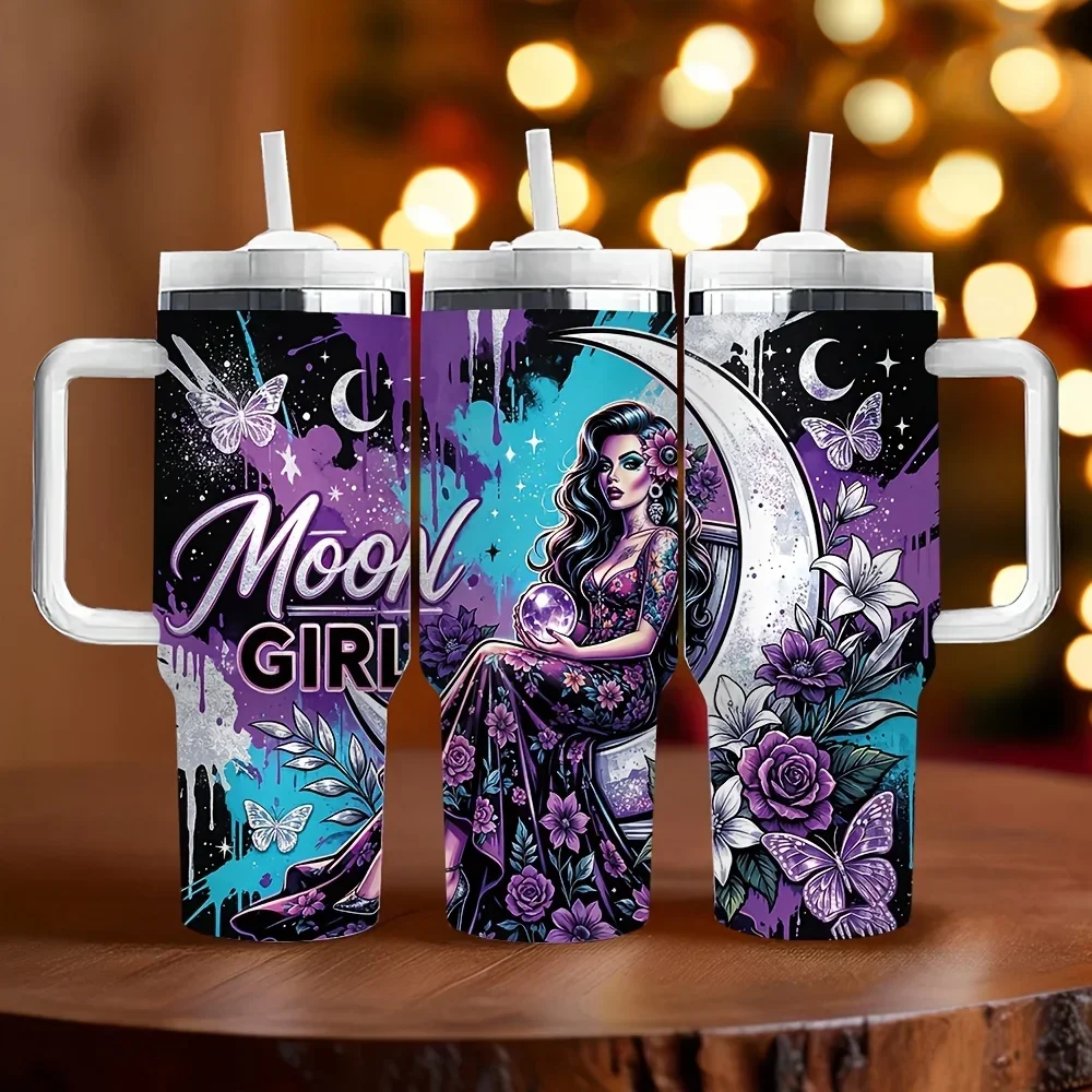 40Oz Insulated Tumbler with Handle, Featuring Moon Girl Purple Floral Butterfly Print, Long-Lasting Insulation, Perfect Holiday Birthday Gift for Women, Suitable for Daily And Outdoor Activities
