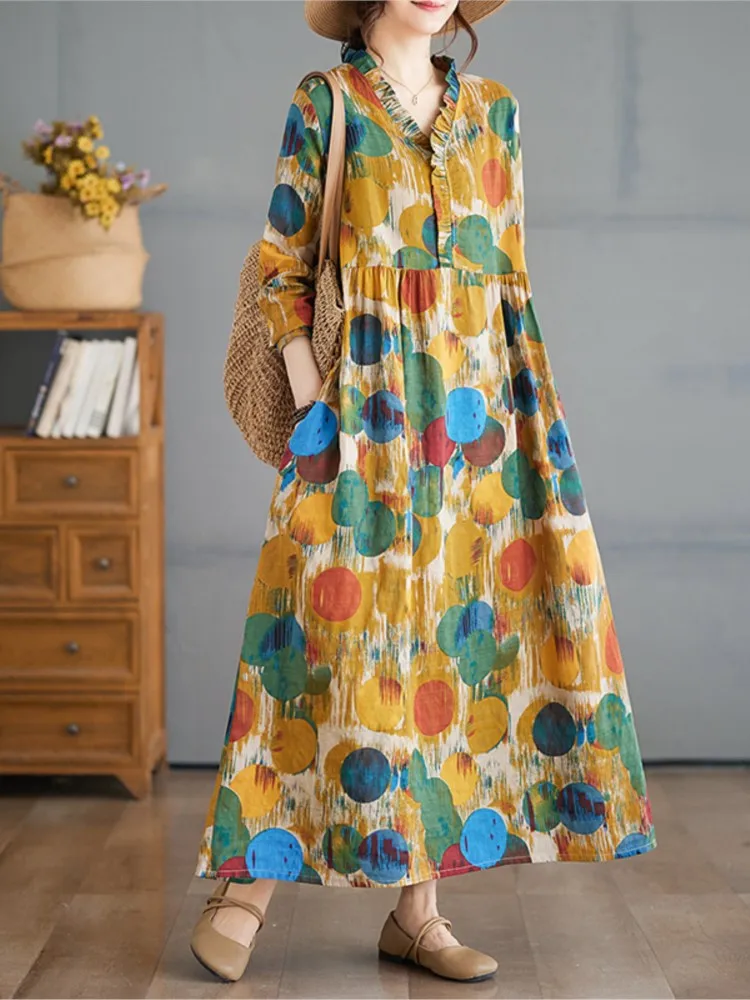 เดรสผ้าฝ้ายลายจุดแฟชั่นลำลองสำหรับผู้หญิง ไซส์ใหญ่ สไตล์ฤดูใบไม้ผลิ/ฤดูร้อน ทรงหลวม จับจีบ แขนยาว