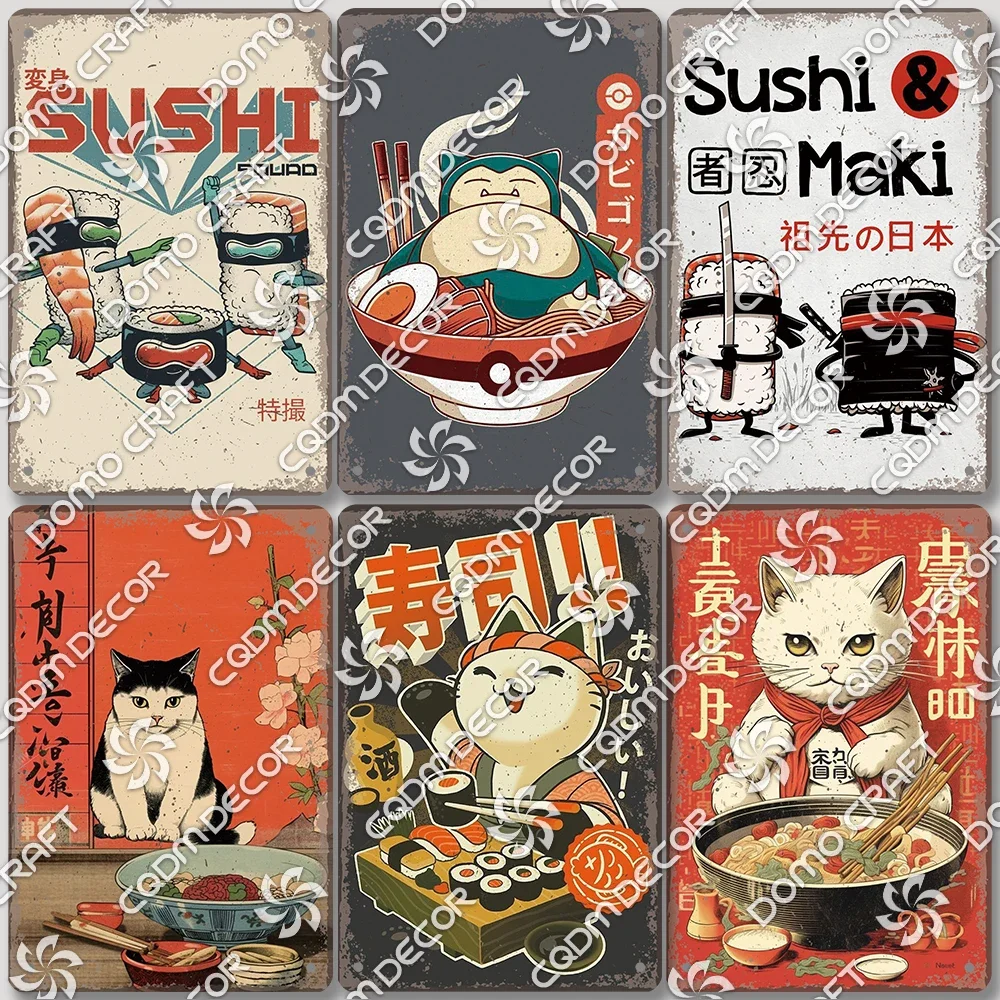 Placa de comida japonesa de gato de dibujos animados, letrero de estaño Retro Ramen Sushi Takoyaki, cartel, placas de Metal, Bar, Pub, restaurante, decoración de pared de cocina