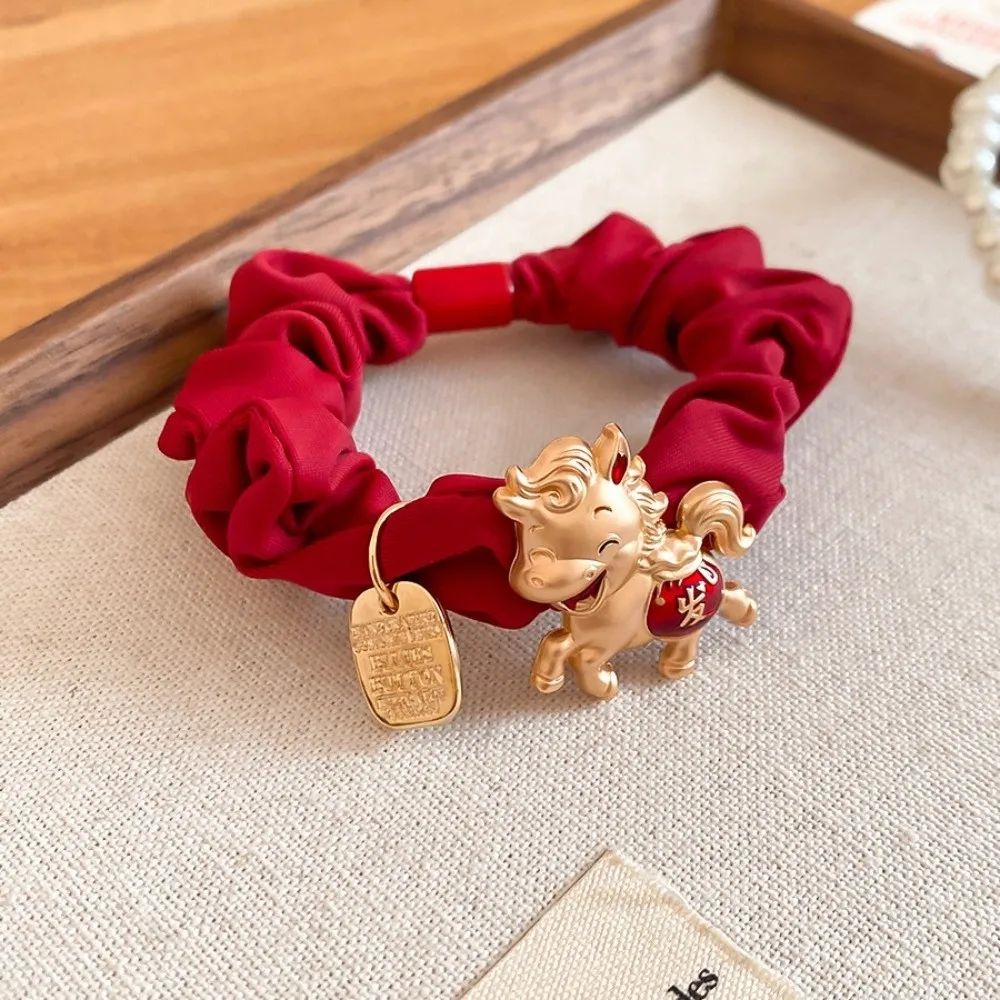 

Alloy Zodiac Horse Hair Rope Wrinkle Red Cloth Rope New Year's Red Hair Rope Ponytail Holder Girl Headwear Red Hair Scrunchies