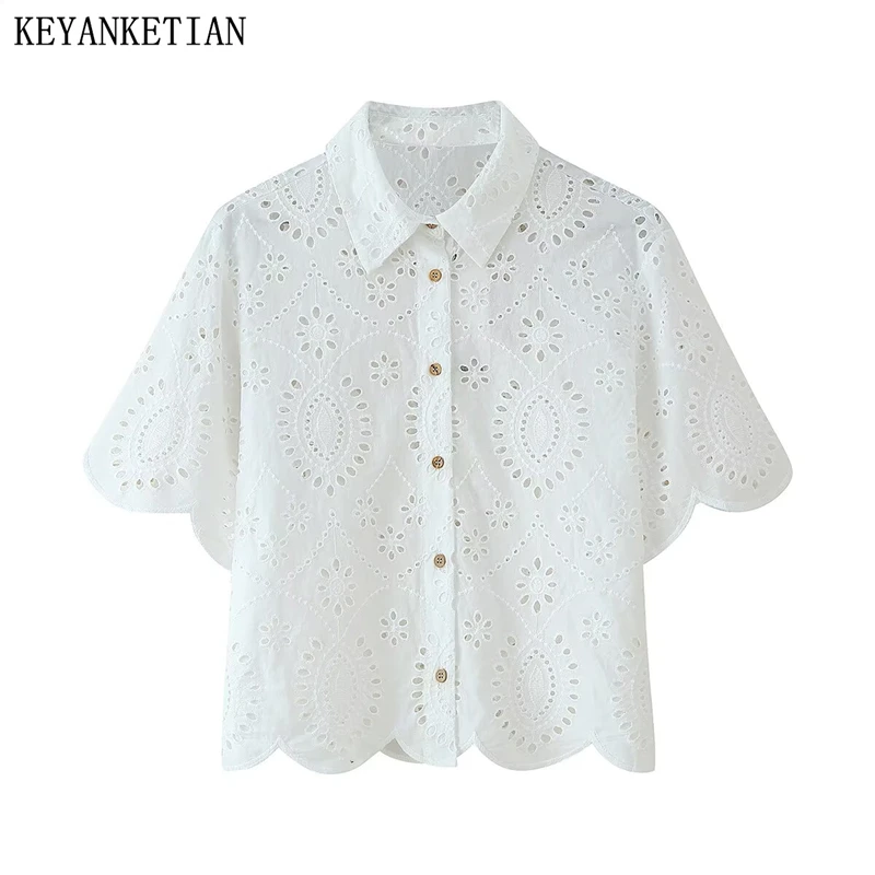 

KEYANKETIAN 2025 Summer New Women's Hollow out Embroidery Shirt Basics Chic Single Breasted Short Sleeve White Blouses Top Thin