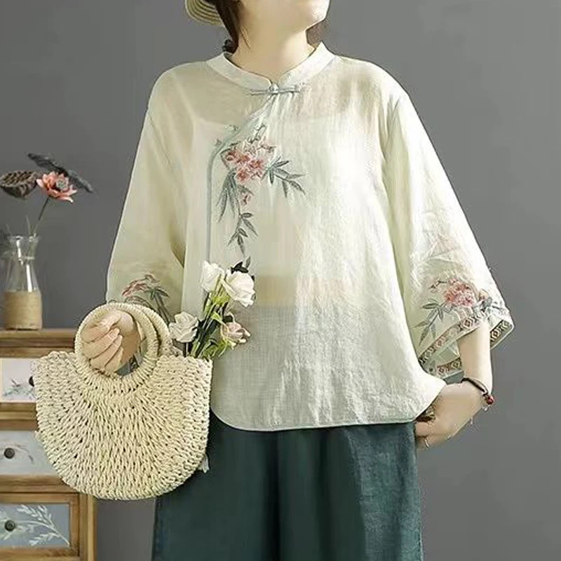 New Women Chinese Style Vintage Embroidery Blouses Stand Collar Irregular Loose Thin Shirts Elegant Cotton Linen 3/4 Sleeve Tops