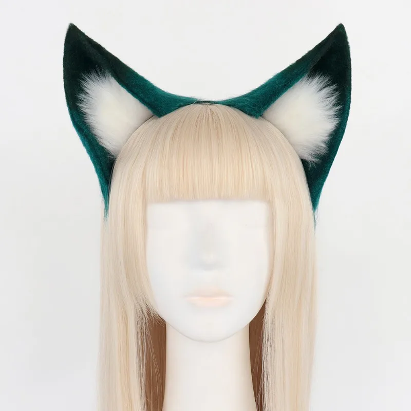 Gradient Teal Fox Ears Headband Fluffy Light Green Fox Tail Set Adjustable Belt Cosplay Furry Costume Kit