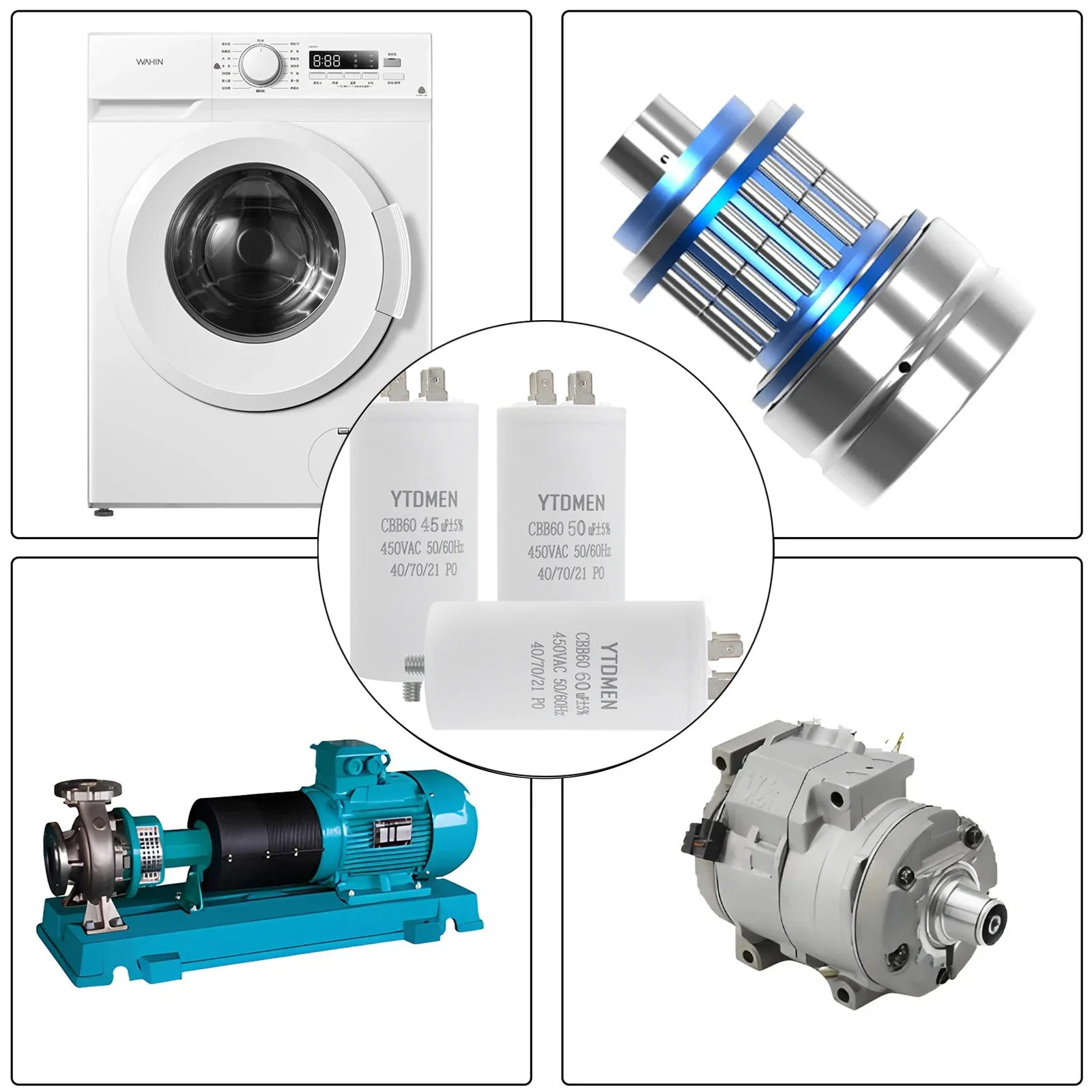 Kapasitor CBB60 AC 450V Kapasitor Pengganti Listrik Sisipan Ganda 4 ~ 60uF dengan Sekrup untuk Kipas Pompa Motor AC ± 5%