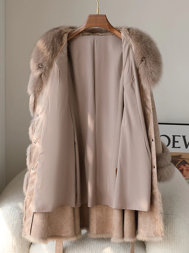 Overcoat Women Elegant Belted Real Rabbit Fur Jacket Winter Warm Suede Leather Fox Fur Collar Coat Thick Softshell Party Trench