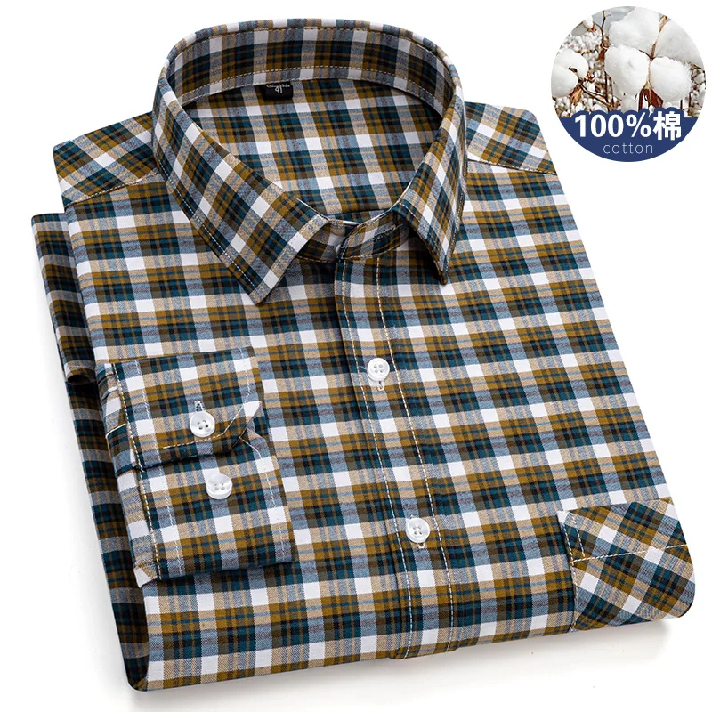 6XL Men\'s long-sleeved shirt with pockets 100% cotton high quality stylish plaid Oxford fabric Breathable no-iron casual