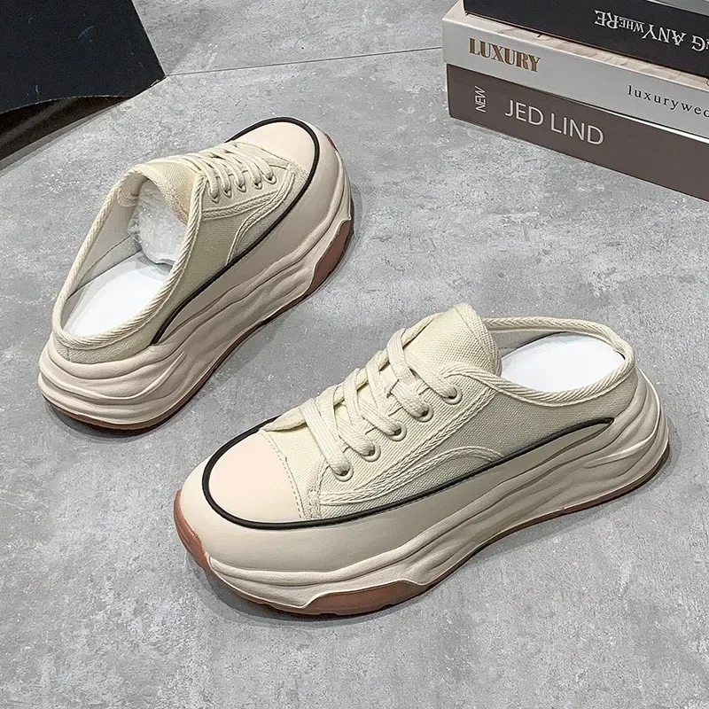 2023 Spring Autumn Women\'s Slippers Fashion Baotou Half Slippers Wear New Style Muffin Lace-Up Casual Canvas Slippers of Women