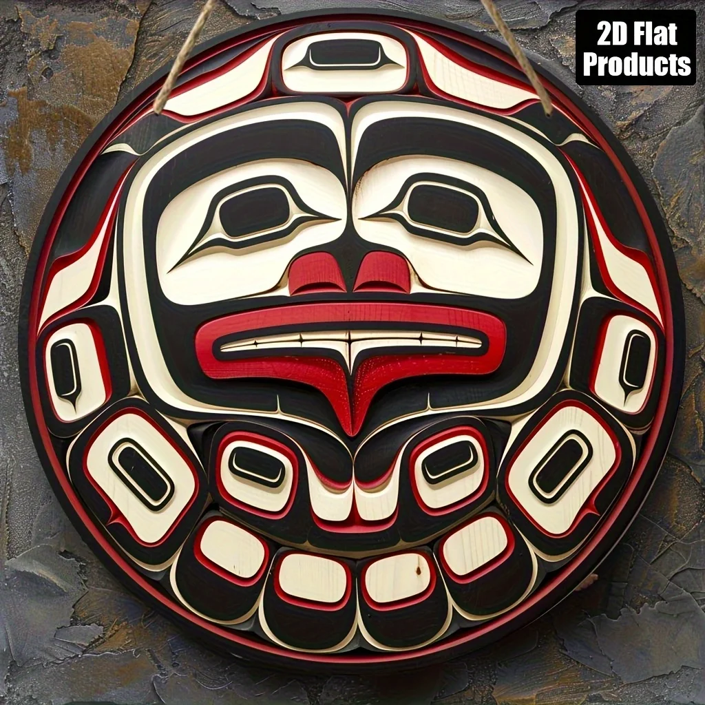 2D Flat - A Round Wooden Sign in Haida Style, Suitable for Decoration in Bars, Kitchens, Cafes, Homes, And Offices, As Well As f