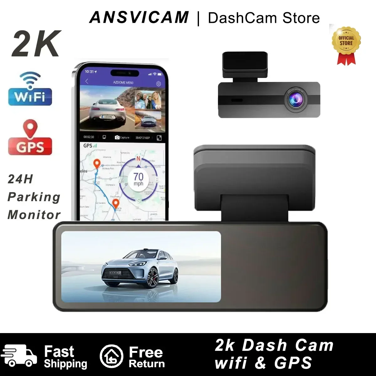 ANSVICAM F23 Pro 2K Dash Cam 1.97'' Screen Built-in GPS Wifi App Control Car DVR 24H Parking Monitor Night Vision Black Box