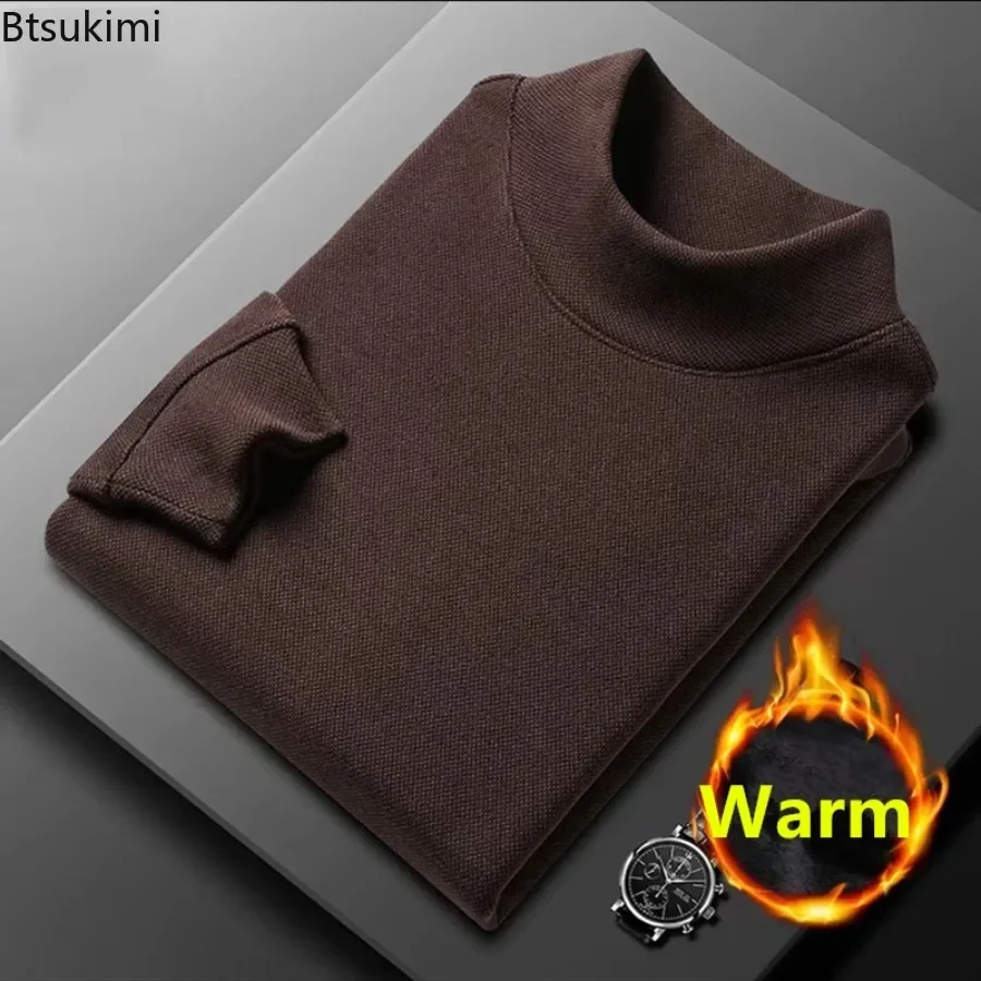 

Autumn Winter Men's Mock Neck Hoodies Thicker Fleece Warm Solid Pullover Fashion Slim Fit Bottoming Shirt Versatile Tops for Men