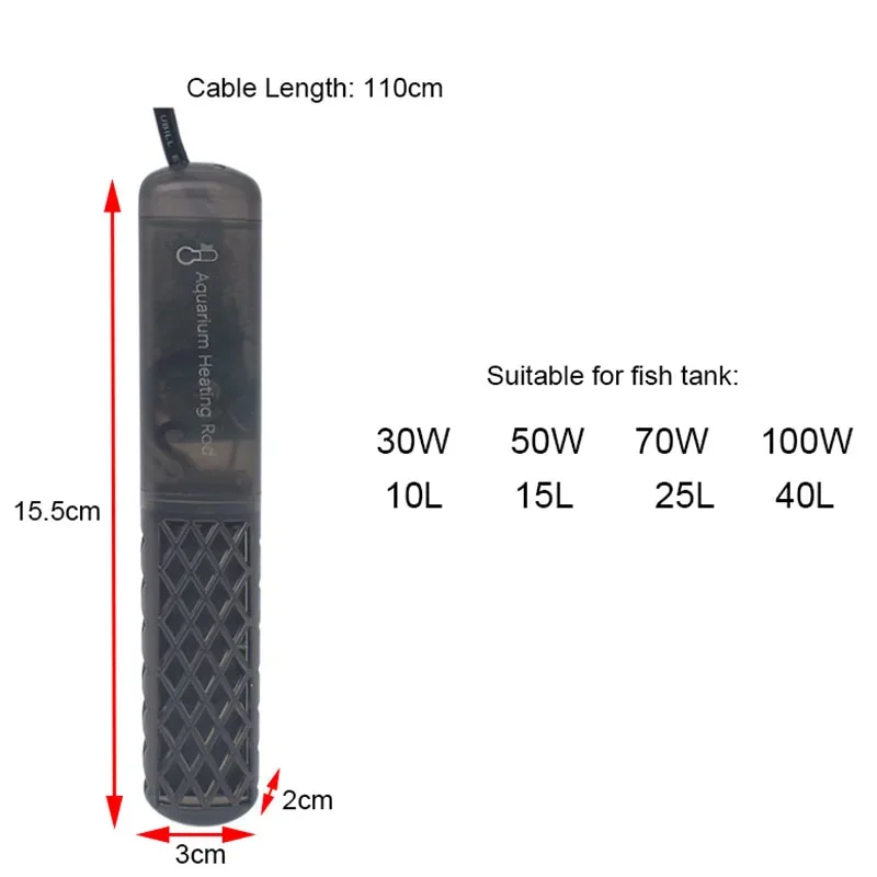 30W/50W/70W/100W Aquarium Submersible Fish Tank Automatic Water Heater Constant Temperature Heating Rod EU Plug Rapid Heating