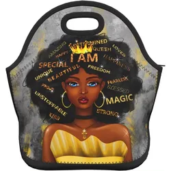 Borse per il pranzo in neoprene per le donne Borsa per il pranzo per le donne afroamericane isolata e riutilizzabile Scatola contenitore per il raffreddamento magico della ragazza nera