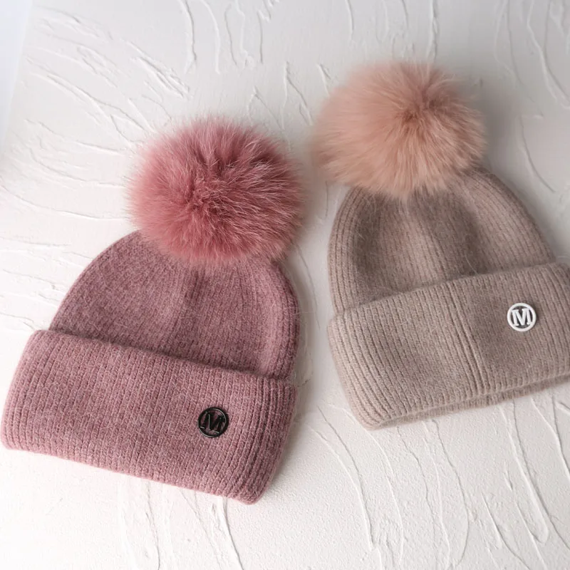 New Winter Real Rabbit Fur Beanies For Women Fashion Solid Warm Fox Fur Pompom Hat Beanies Female Three Fold Thick Knitted Hats