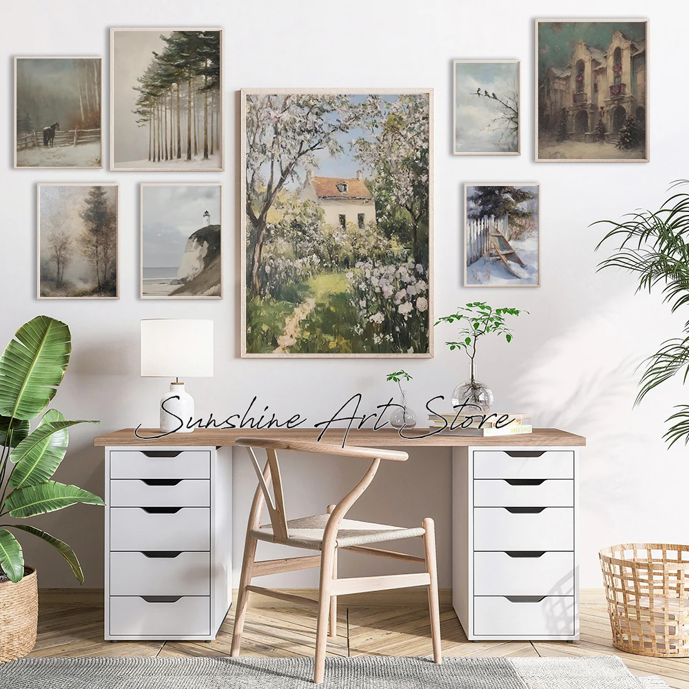 Vintage Country Forest Landscape Cozy Autumn Winter Hill Floral Garden Fine Art Poster Canvas Painting Wall Pictures Home Decor