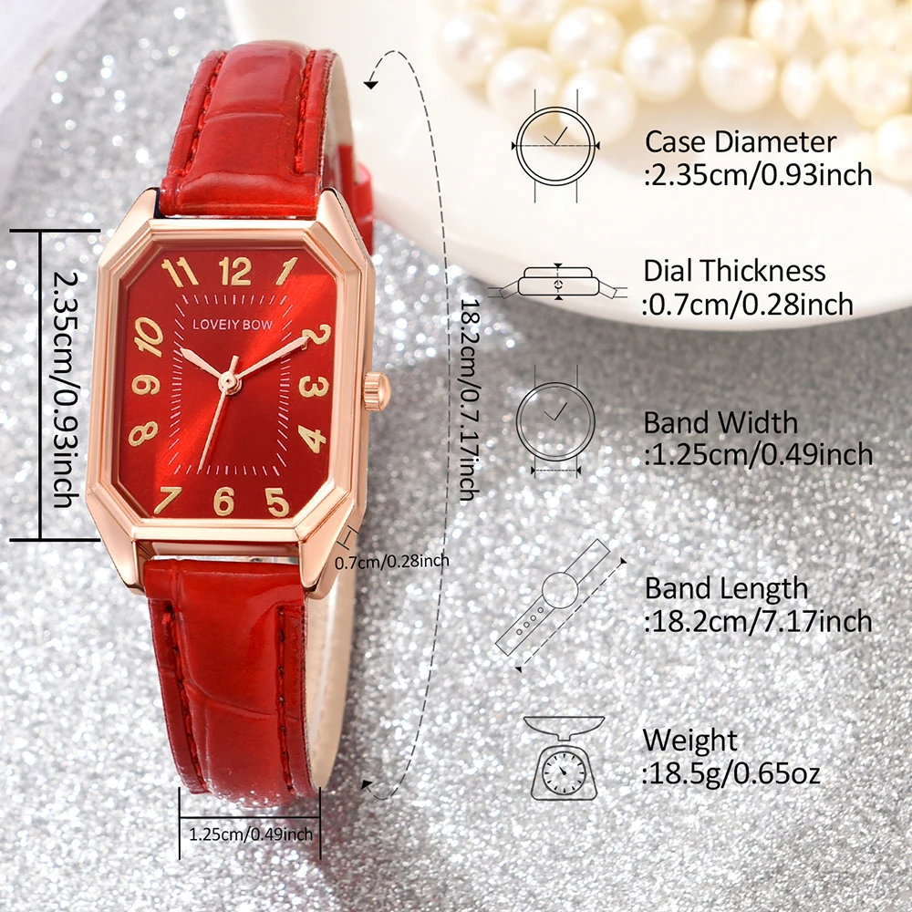 Red Ladies Watch 6PCS/Set Rectangular Dial Quartz Wristwatch PU Leather Strap Watch Butterfly Element Jewelry Set Gift For Girls