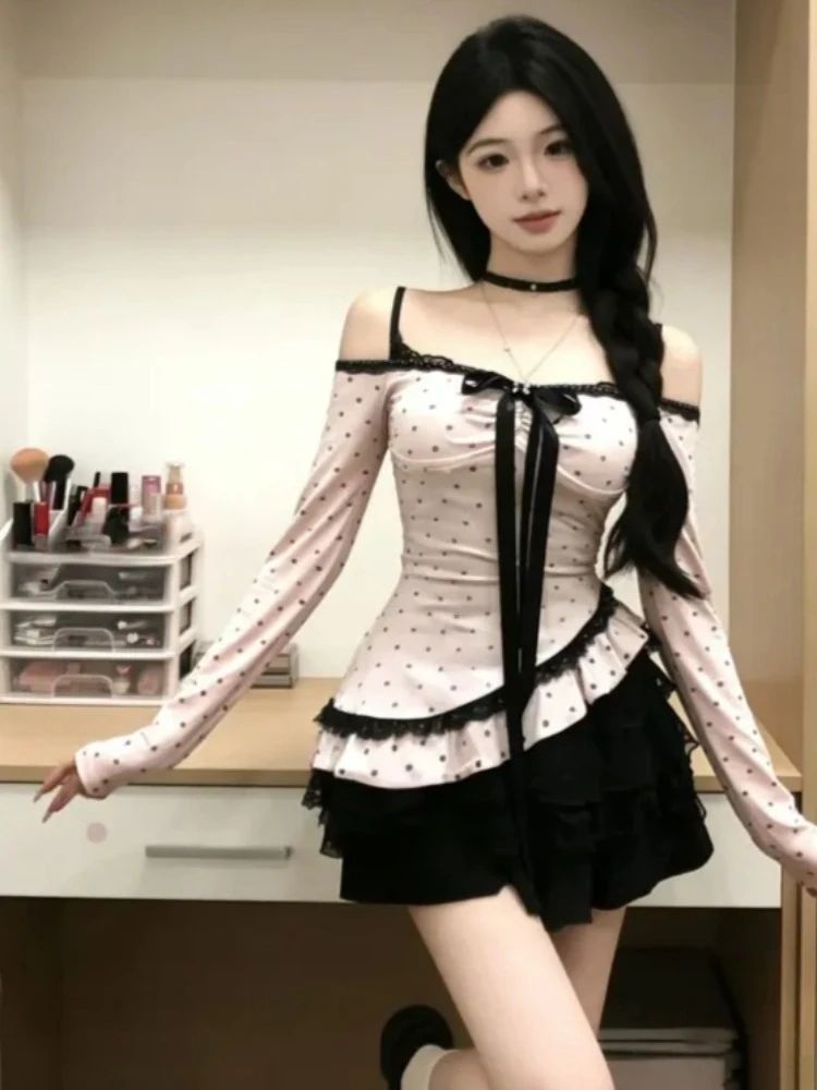 Japanese Style Sweet High Street Y2K Suit Women's Bowknot Polka Dot Tops + Skinny Black Dress New Chic Party Lovely Outfits 2026 image 3
