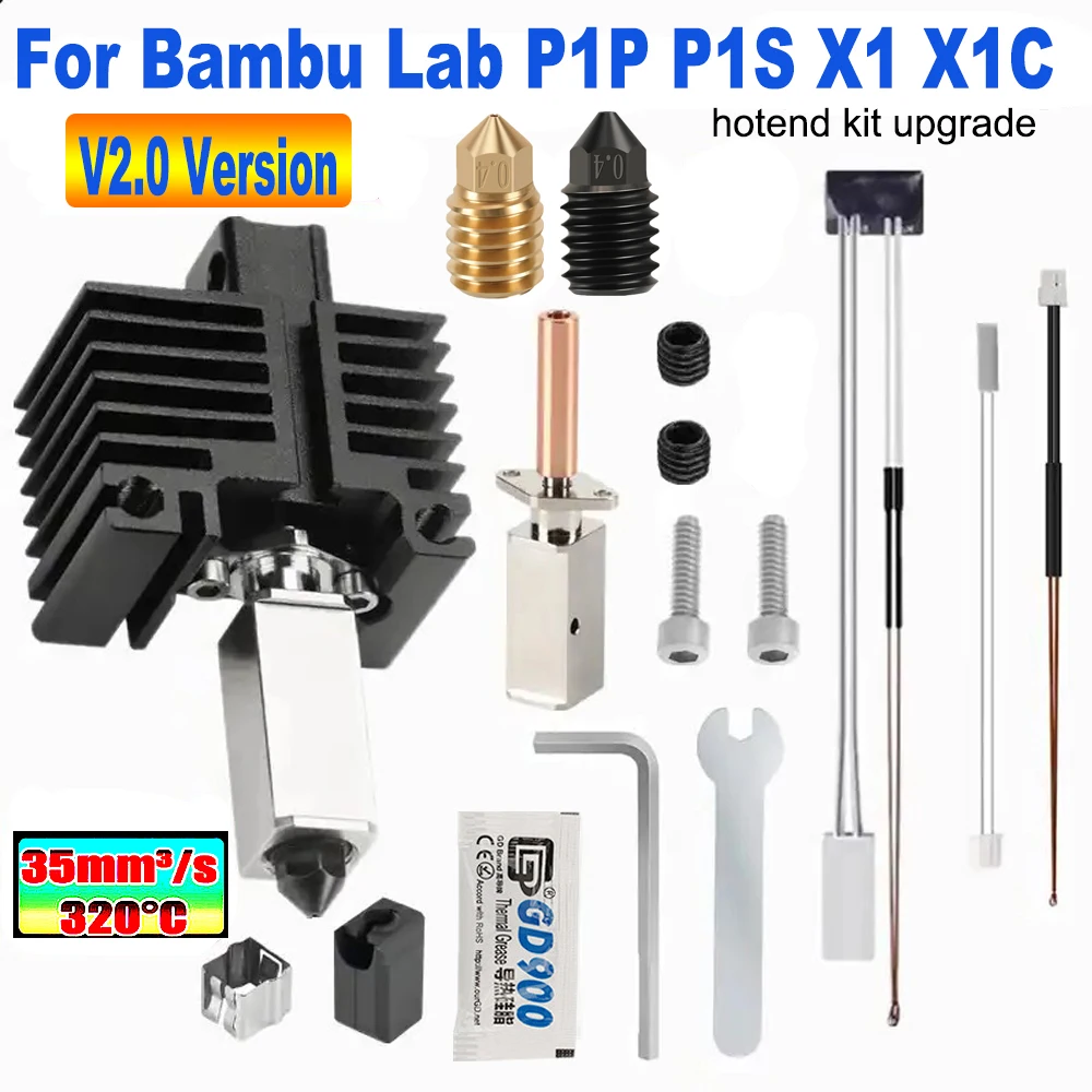 Hotend-Kit de actualización V2.0 para impresora 3D, accesorios de impresora, boquilla de acero duro para Bambu Lab P1S X1C, Kit Hotend de bambú X1