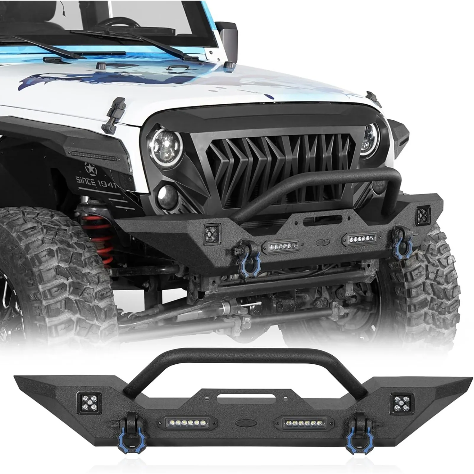 US  Wrangler JK Front Bumper w/Winch Plate & LED Lights for 2007-2018 Jeep Wrangler JK & Unlimited 2/4 Doors