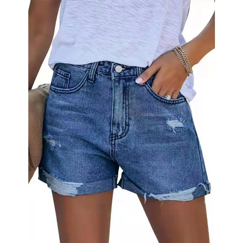 Summer Commuter Straight Denim Shorts Female Ladies Holes Cotton Five-quarter Length Trousers Women's 5-quarter Jeans Streetwear