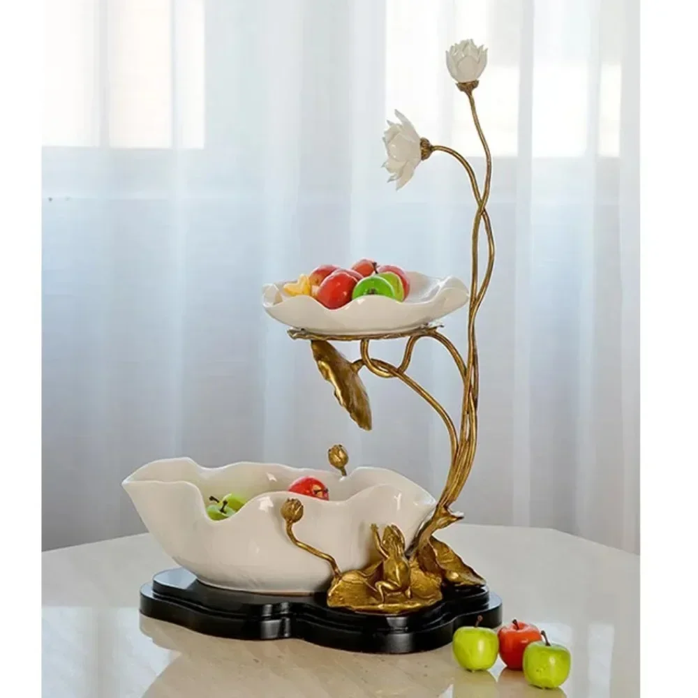 Creative Luxury European style Home Deco Brass Flower Shape Two Tiers Porcelain Tableware Fruit Bowl