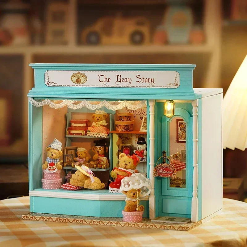 The Bear Story Store Casa Miniature Model Kit DIY Wooden Doll Houses Cake Dollhouse With Furniture for Girls Xmas Gifts