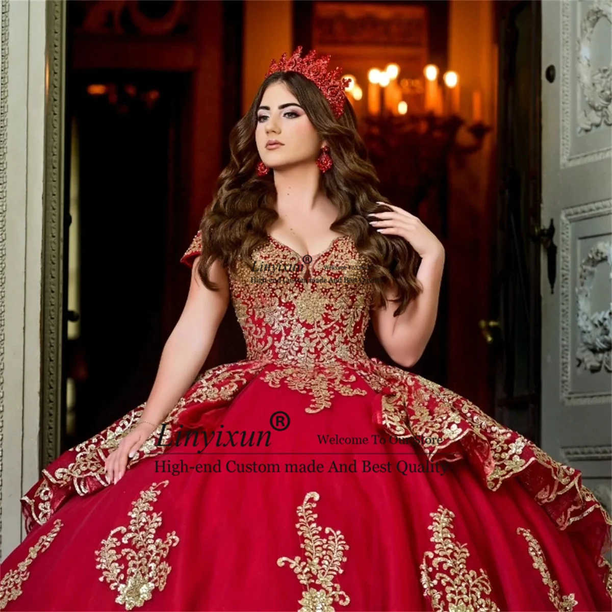 Red Quinceanera Dressed Gold Appliques Lace Tull Princess Sweet 16 Birthday Party Gown Ball Gown Formal vestidos de 15 años