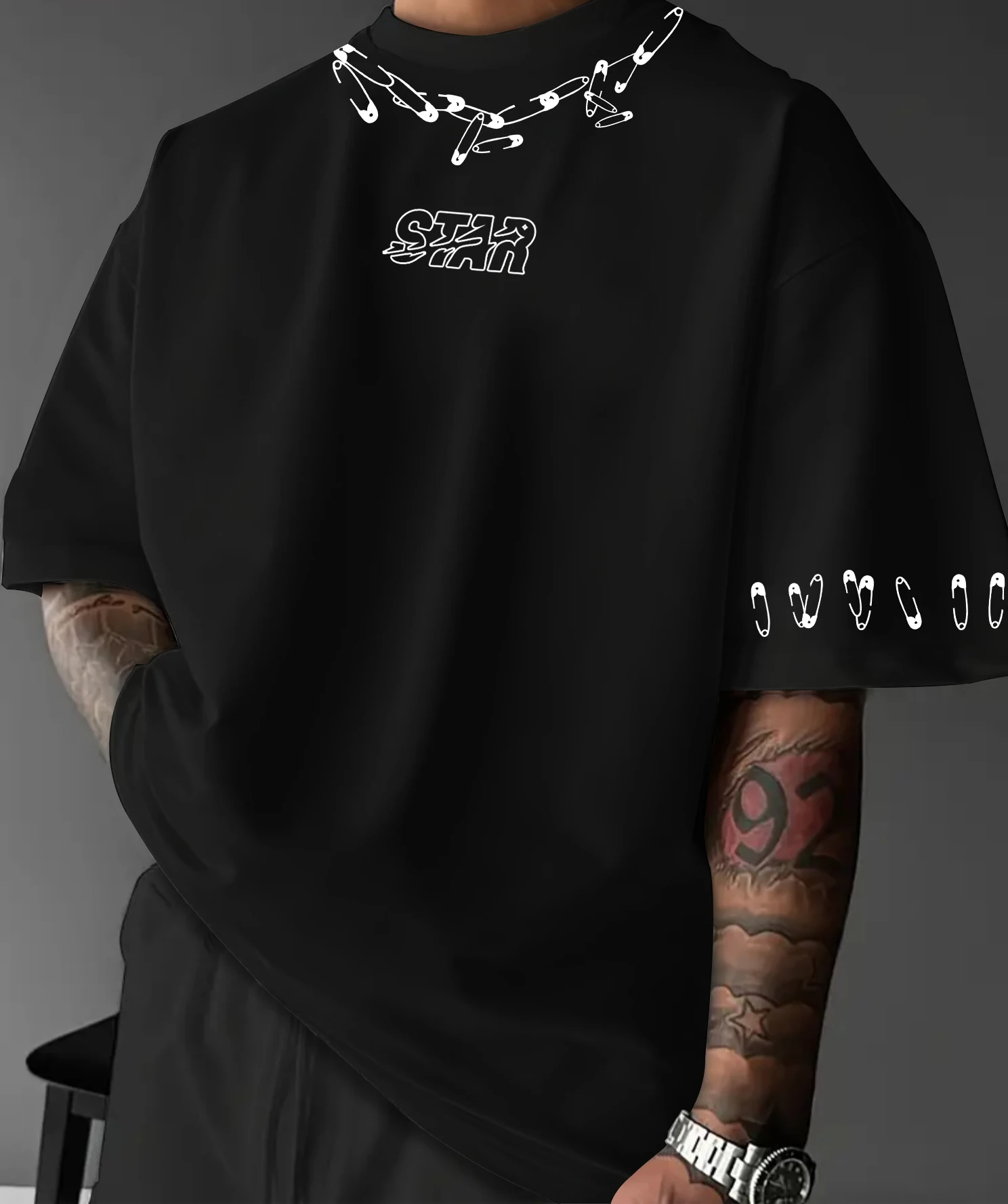 Men's Oversized Star Safety Pin Print T-shirt 100% Polyester Streetwear Gothic Casual Tops S-XXL
