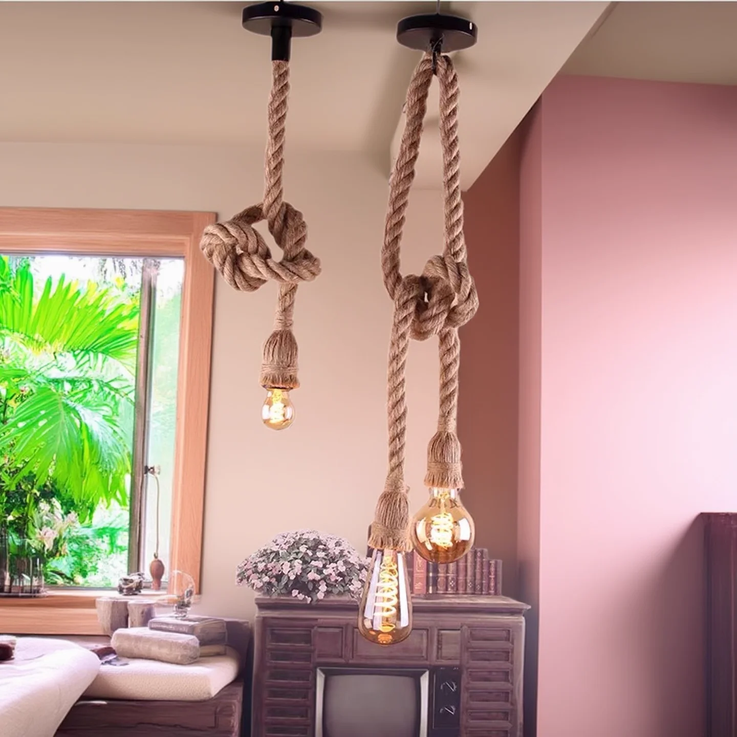 

Vintage Hemp Rope American Style Pendant Lights Hand Knitted Reminiscence Bar Pub Industrial Lighting Indoor Ceiling Lamp E27