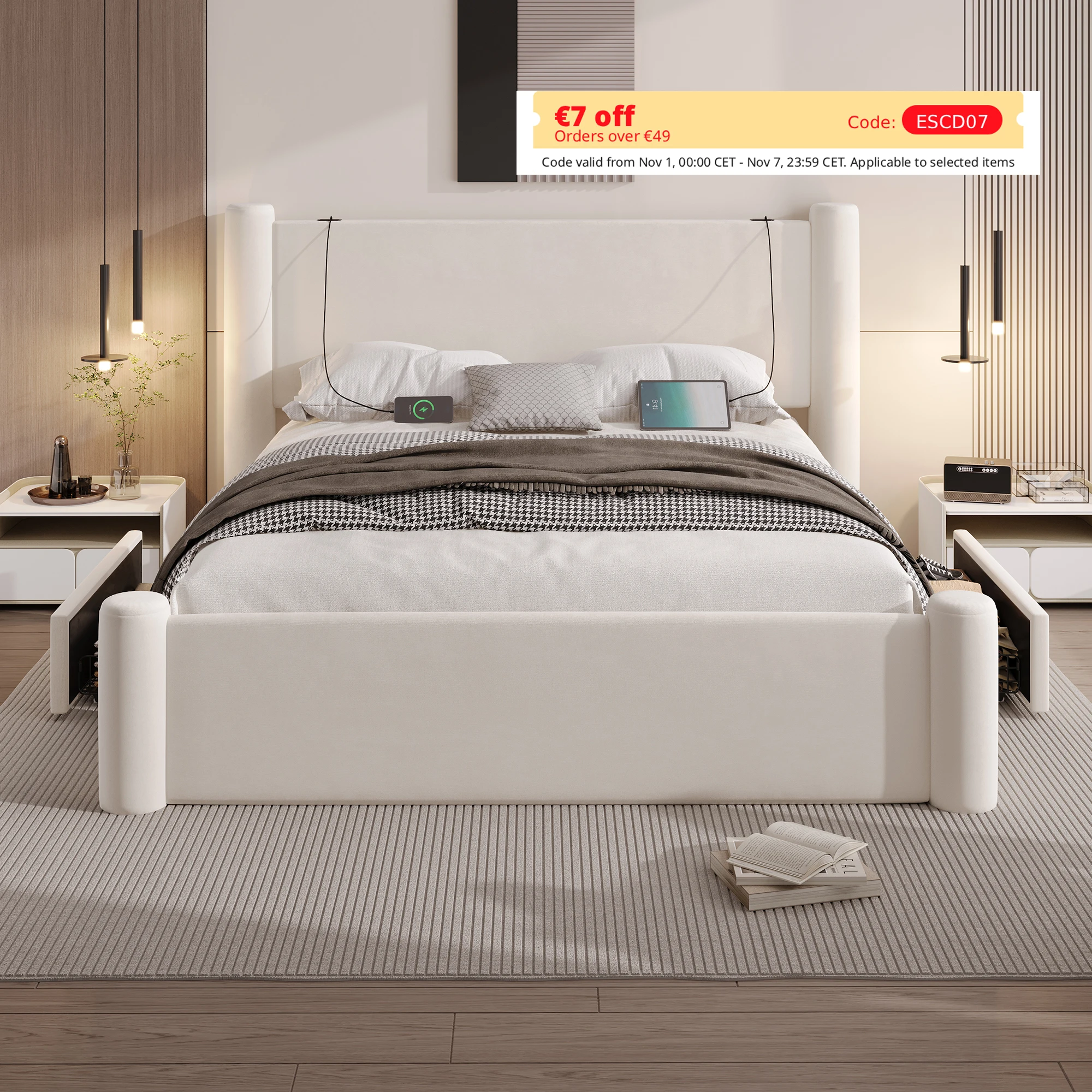 LVHOM Estructura de cama moderna de 140 x 200 cm, diseño de columna 3D, cabecero acolchado grueso, 2 cajones de almacenamiento y puertos USB para dormitorio