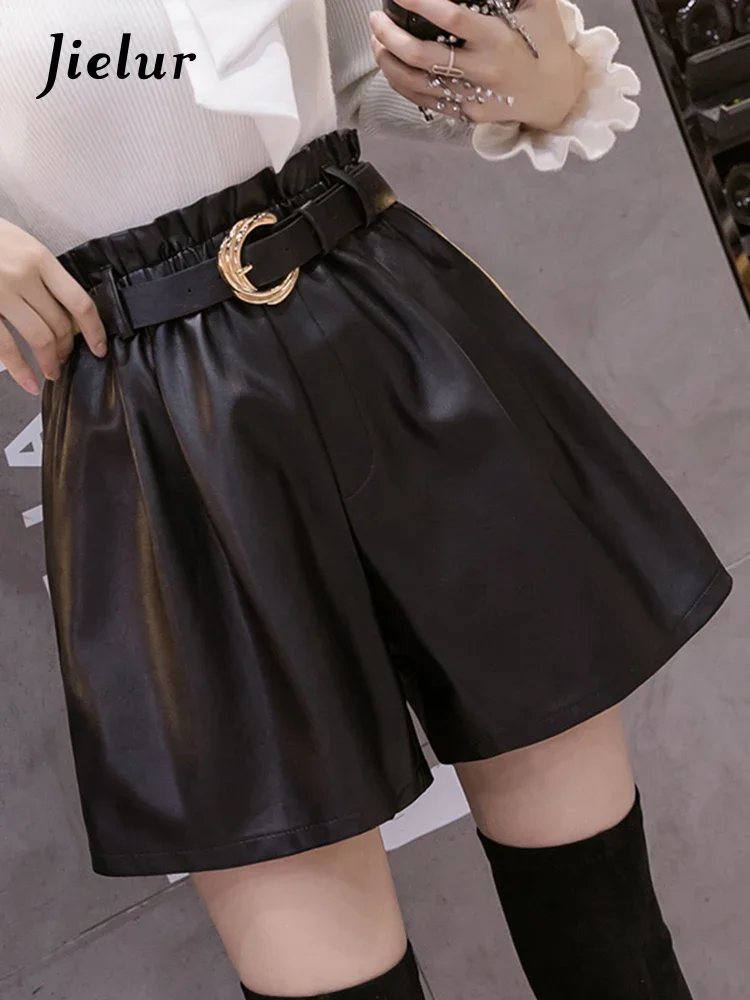Jielur New Autumn Winter Black Pu Faux Leather Women Shorts Sashes High Waist Wide Leg Shorts Elegant Female