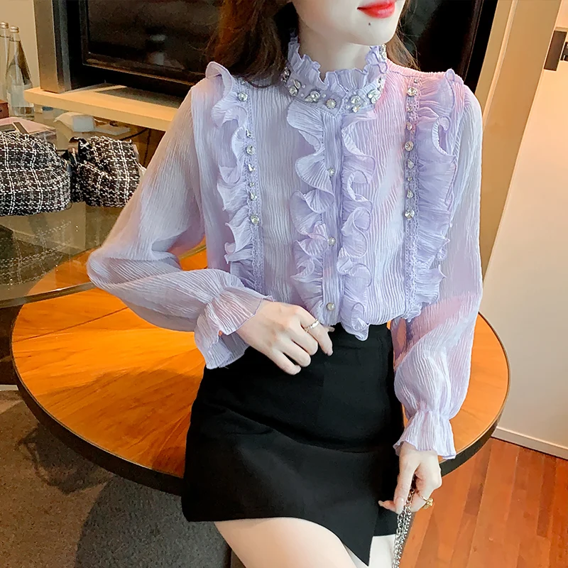 

Early Autumn Shirt Elegant Fungus Ruffle Edge Purple Blouse Women High-end Sweet Long Puff Sleeve Chiffon Tops Blusa Feminina