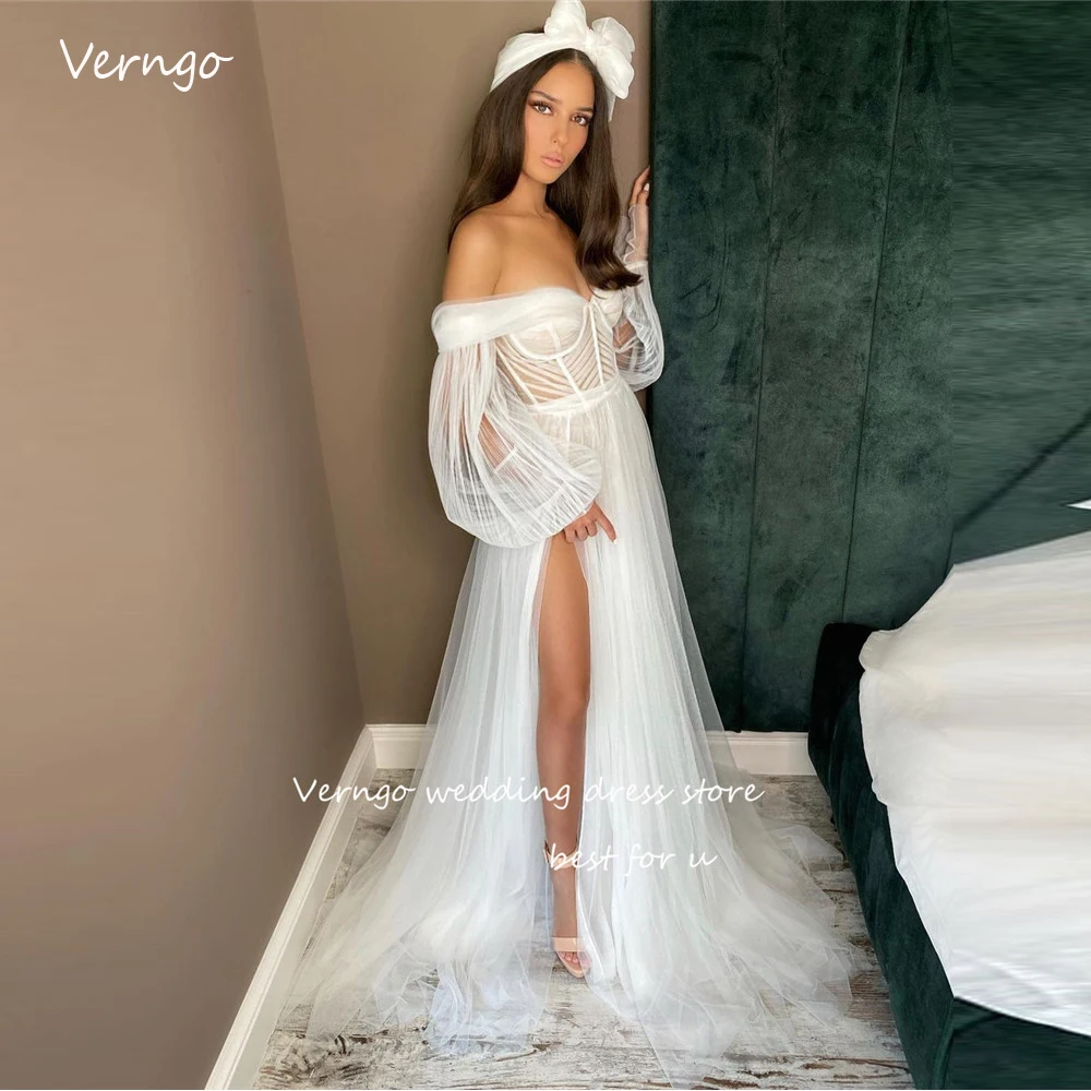 Verngo Sexy Fairy Off the Shoulder Puff maniche lunghe abiti da sposa Beach Sweetheart Princess Tulle Split Princess Bride Gowns