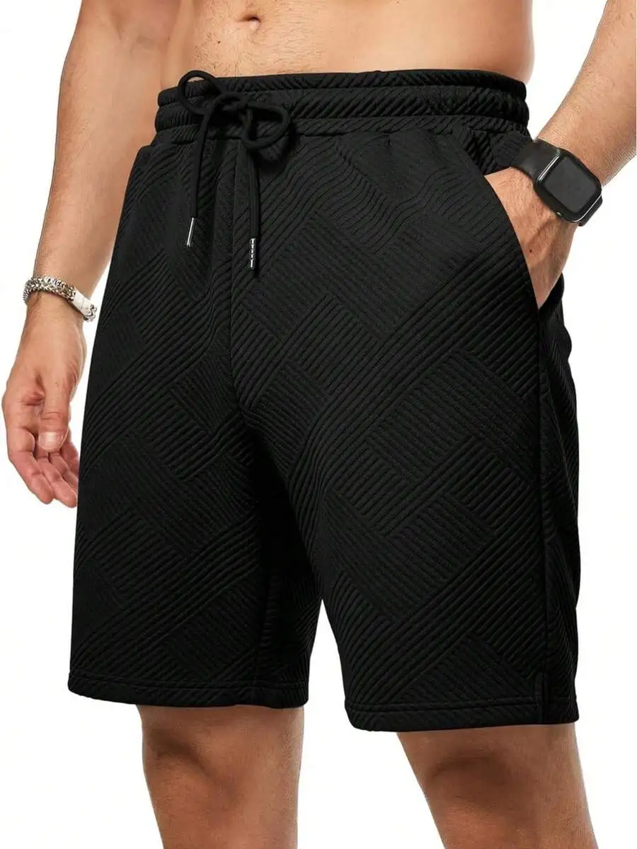 

Mens Casual 7 Inch Drawstring Elastic Waist Shorts With Pockets Textured Geometric Pattern
