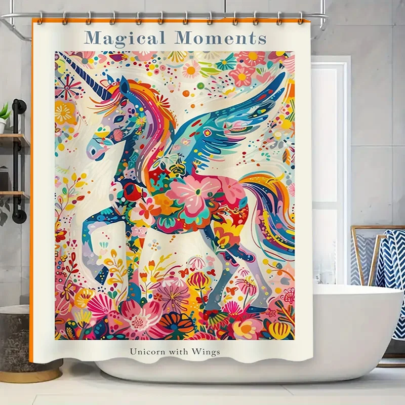 Colorful Unicorn Shower Curtain with Wings Magical Moments Design Easy Install for Bathroom Decorations 72x84 inches Home Access