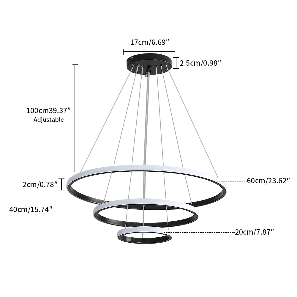 Dimbare LED kroonluchter, moderne 40W 3-rings dimbare LED kroonluchter, hanglamp voor de eetkamer