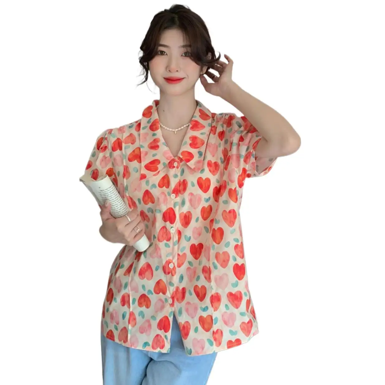 

Summer New Cotton Girlish Tuen-down Collar Shirts Puff Sleeves Camisas Vintage Red Heart Printed Casual Prairie Chic Loose Coats