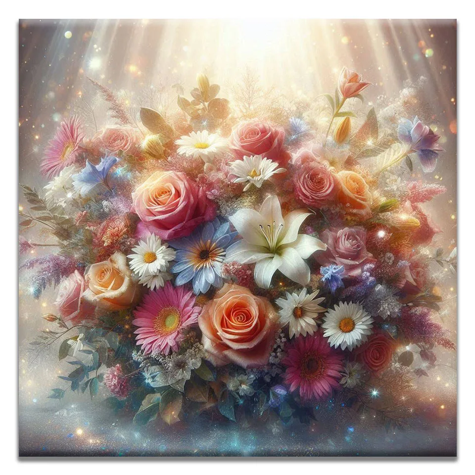 5D Diamond Mosaic Kit Divine Floral Bouquet Holy Light&Colorful Flowers Full Drill DIY Diamond Art Embroidery set for Home Decor