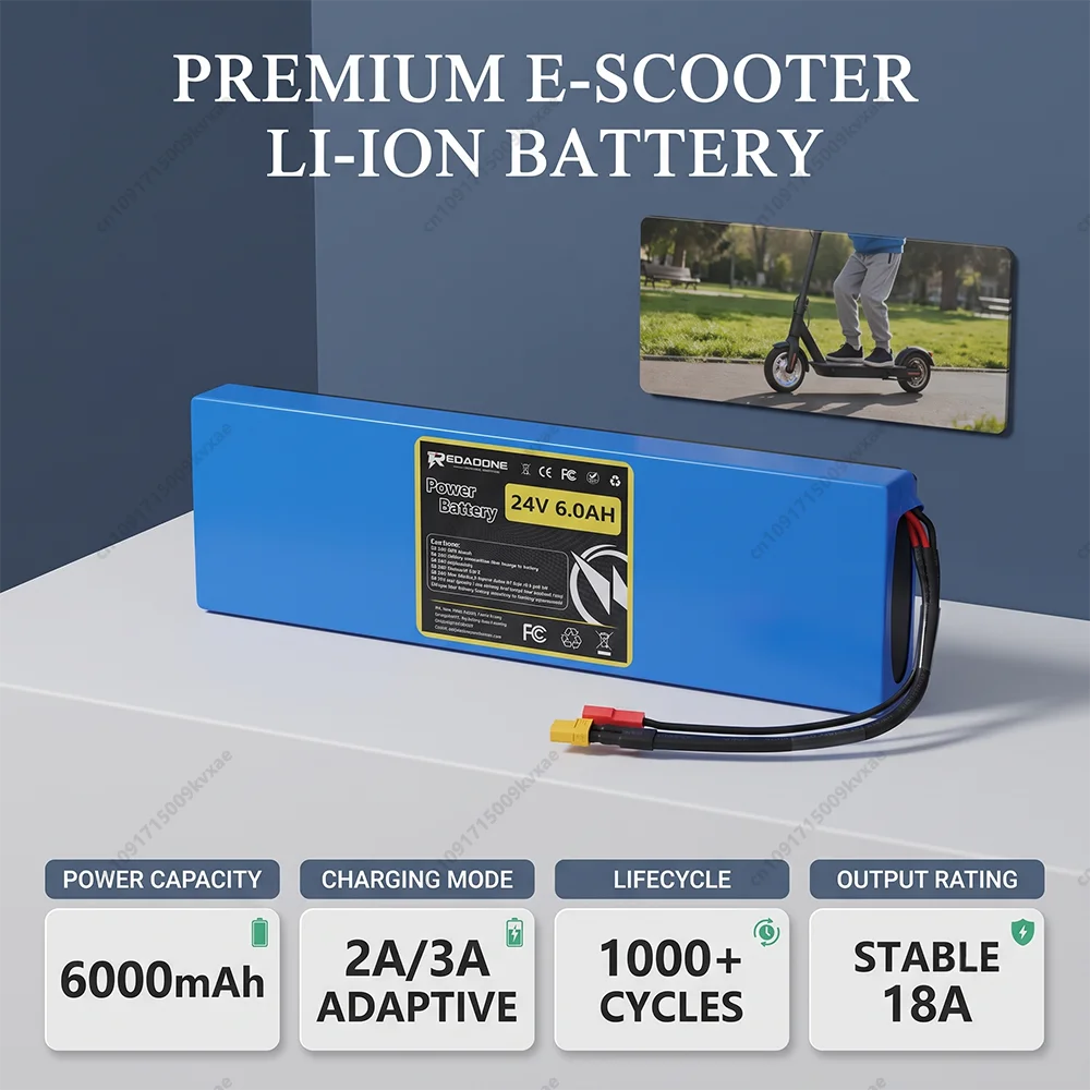 24V 6000mAh Rechargeable Lithium Ion Battery Pack for Electric Scooter E-Bike Long Range Power Supply with Built-In BMS PCB