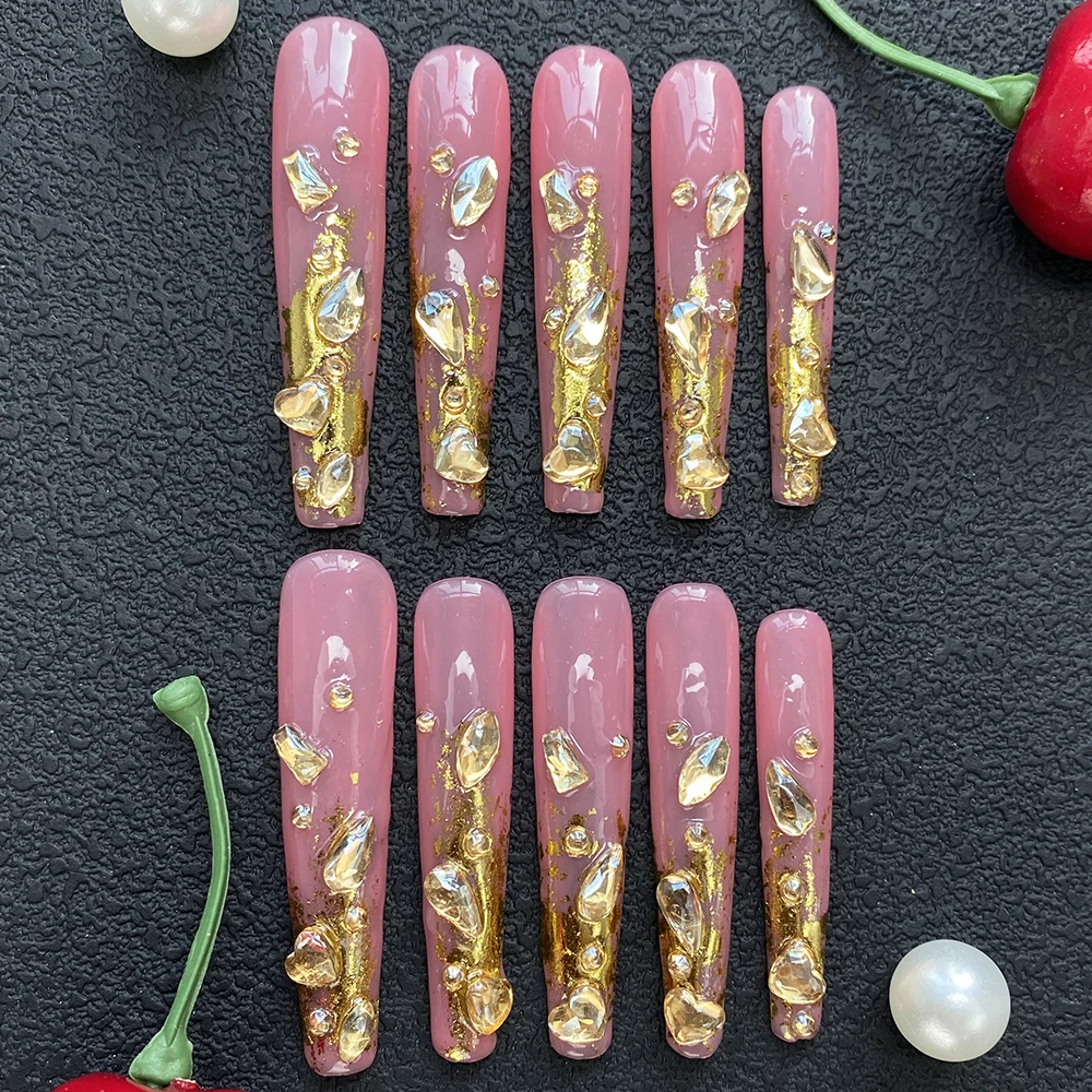 

Новые эксклюзивные дизайнерские накладные ногти с кристаллами, 10 шт., глянцевые, ручной работы, для ежедневного ношения